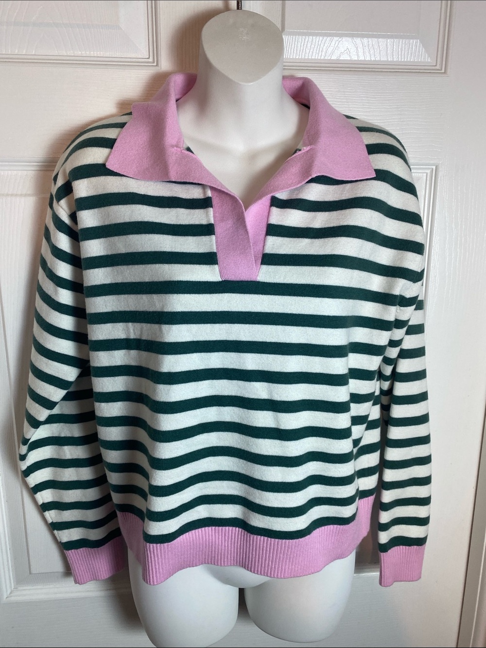 Addison Bay Rugby Green & White Striped V-Neck Sweater with Pink Trim